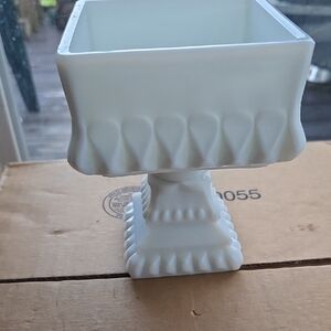 White Square Milk Glass Pedestal Bowl Compote. Vintage